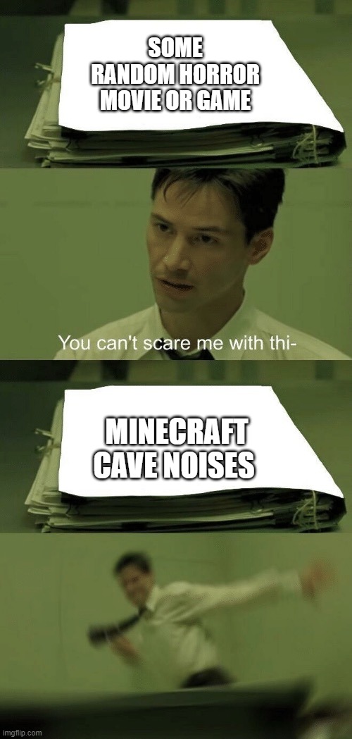 You can't scare me with this | SOME RANDOM HORROR MOVIE OR GAME; MINECRAFT CAVE NOISES | image tagged in you can't scare me with this,minecraft | made w/ Imgflip meme maker