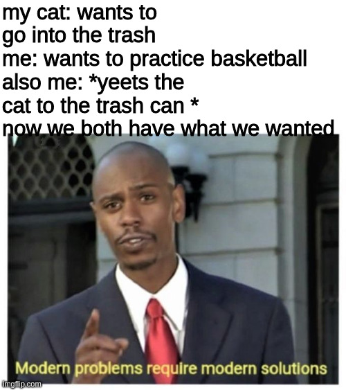 stonks | my cat: wants to go into the trash
me: wants to practice basketball
also me: *yeets the cat to the trash can * now we both have what we wanted | image tagged in modern problems require modern solutions,stonks | made w/ Imgflip meme maker