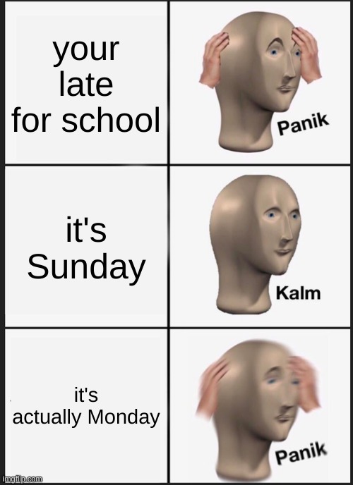 Panik Kalm Panik Meme | your late for school; it's Sunday; it's actually Monday | image tagged in memes,panik kalm panik | made w/ Imgflip meme maker