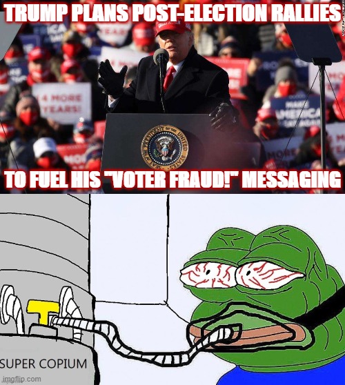 Lost the election? No problem! Pretend it never happened. | TRUMP PLANS POST-ELECTION RALLIES; TO FUEL HIS "VOTER FRAUD!" MESSAGING | image tagged in trump rally covid,pepe super copium,election 2020,2020 elections,trump is a moron,trump is an asshole | made w/ Imgflip meme maker