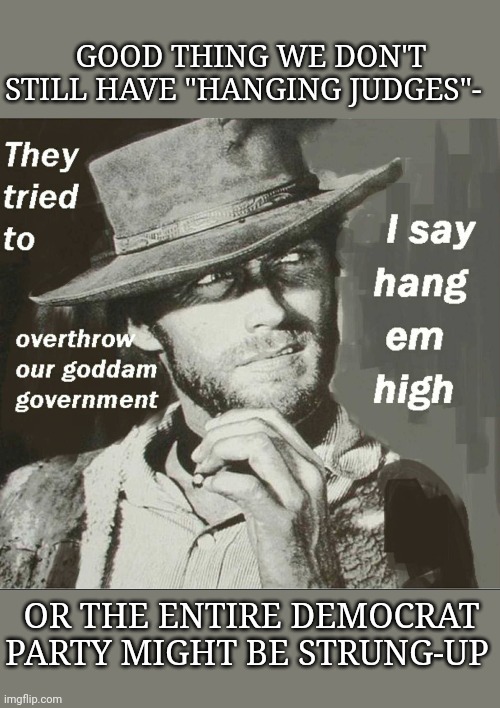 HANG 'EM HIGH | GOOD THING WE DON'T STILL HAVE "HANGING JUDGES"-; OR THE ENTIRE DEMOCRAT PARTY MIGHT BE STRUNG-UP | image tagged in liberal vs conservative | made w/ Imgflip meme maker
