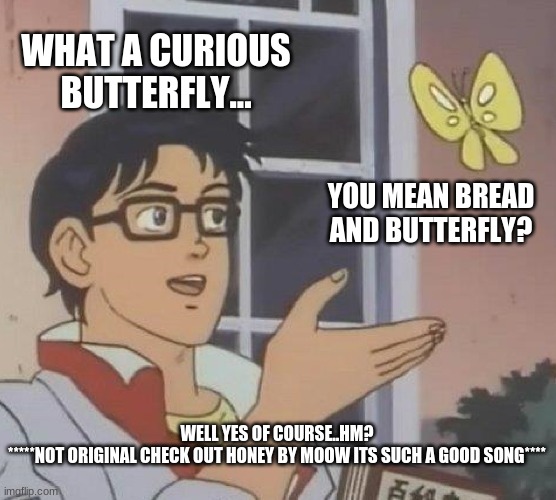 Curious Butterfly - HONEY BY MOOW (NOT ORIGINAL TEXT) | WHAT A CURIOUS
BUTTERFLY... YOU MEAN BREAD
AND BUTTERFLY? WELL YES OF COURSE..HM?
*****NOT ORIGINAL CHECK OUT HONEY BY MOOW ITS SUCH A GOOD SONG**** | image tagged in memes,is this a pigeon | made w/ Imgflip meme maker