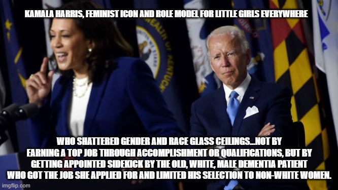 Kamala Harris - Feminist Icon | KAMALA HARRIS, FEMINIST ICON AND ROLE MODEL FOR LITTLE GIRLS EVERYWHERE; WHO SHATTERED GENDER AND RACE GLASS CEILINGS...NOT BY EARNING A TOP JOB THROUGH ACCOMPLISHMENT OR QUALIFICATIONS, BUT BY GETTING APPOINTED SIDEKICK BY THE OLD, WHITE, MALE DEMENTIA PATIENT WHO GOT THE JOB SHE APPLIED FOR AND LIMITED HIS SELECTION TO NON-WHITE WOMEN. | image tagged in kamala harris,joe biden,election 2020,politics,usa,donald trump | made w/ Imgflip meme maker