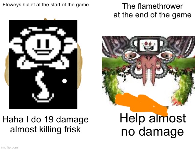 Buff Doge vs. Cheems Meme | Floweys bullet at the start of the game; The flamethrower at the end of the game; Haha I do 19 damage almost killing frisk; Help almost no damage | image tagged in memes,buff doge vs cheems | made w/ Imgflip meme maker