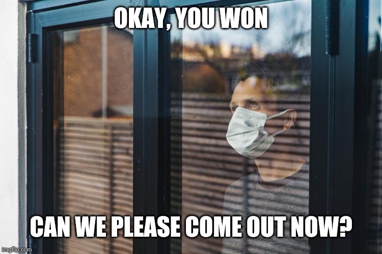 lockdown | OKAY, YOU WON; CAN WE PLEASE COME OUT NOW? | image tagged in lockdown | made w/ Imgflip meme maker