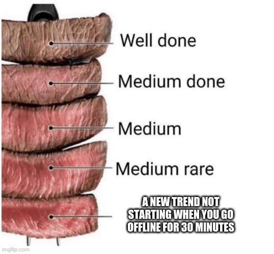 Steak | A NEW TREND NOT STARTING WHEN YOU GO OFFLINE FOR 30 MINUTES | image tagged in steak | made w/ Imgflip meme maker