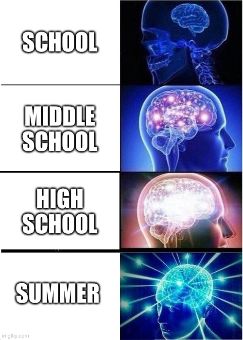 Expanding Brain Meme | SCHOOL; MIDDLE SCHOOL; HIGH SCHOOL; SUMMER | image tagged in memes,expanding brain | made w/ Imgflip meme maker