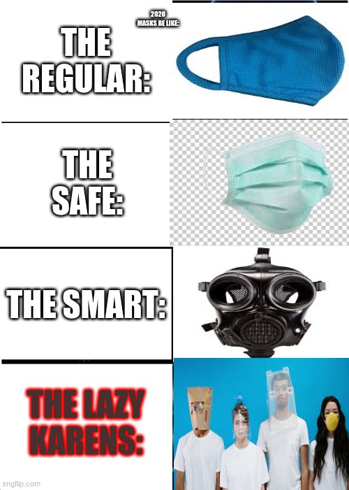 2020 rn | 2020 MASKS BE LIKE:; THE REGULAR:; THE SAFE:; THE SMART:; THE LAZY KARENS: | image tagged in memes,expanding brain | made w/ Imgflip meme maker