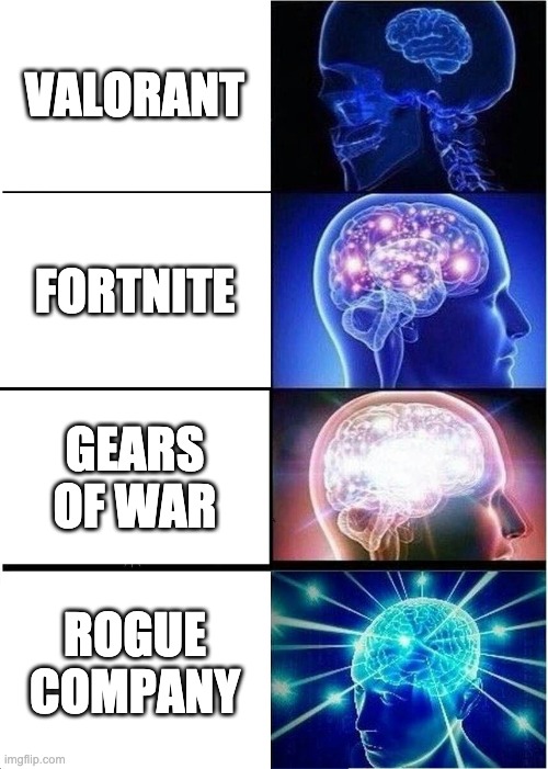 Expanding Brain | VALORANT; FORTNITE; GEARS OF WAR; ROGUE COMPANY | image tagged in memes,expanding brain | made w/ Imgflip meme maker