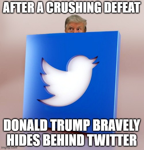 WHERE IN THE WORLD IS DONALD TRUMP? | AFTER A CRUSHING DEFEAT; DONALD TRUMP BRAVELY HIDES BEHIND TWITTER | image tagged in trump is a moron,donald trump,donald trump you're fired,donald trump the clown,election 2020 | made w/ Imgflip meme maker