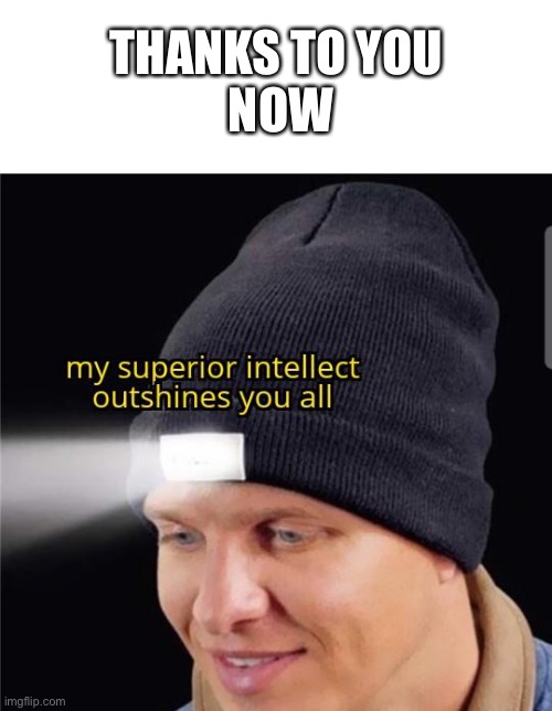my superior intellect outshines you all | THANKS TO YOU 
NOW | image tagged in my superior intellect outshines you all | made w/ Imgflip meme maker
