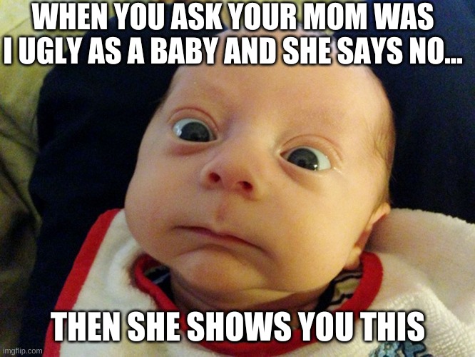 When u ask your mom if u were ugly as a baby... | WHEN YOU ASK YOUR MOM WAS I UGLY AS A BABY AND SHE SAYS NO... THEN SHE SHOWS YOU THIS | image tagged in funny baby face,memes,baby face,lmao,vibin,baby pimp | made w/ Imgflip meme maker