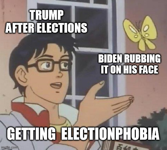 trump getting crazy | TRUMP AFTER ELECTIONS; BIDEN RUBBING IT ON HIS FACE; GETTING  ELECTIONPHOBIA | image tagged in memes,is this a pigeon | made w/ Imgflip meme maker