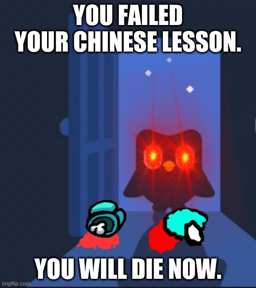(O-O) | YOU FAILED YOUR CHINESE LESSON. YOU WILL DIE NOW. | image tagged in duolingo bird | made w/ Imgflip meme maker