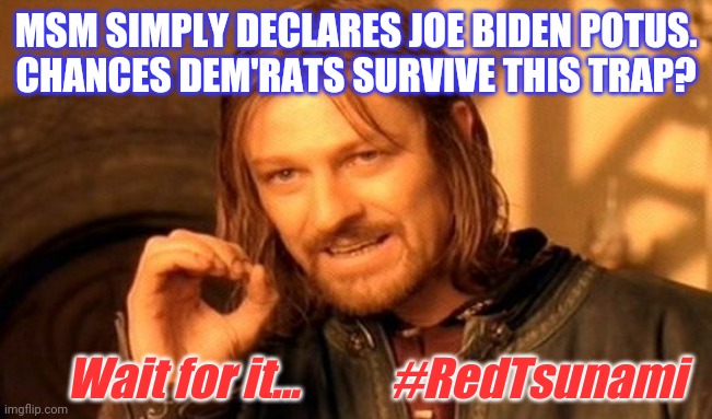 "President Elect"  Status Retraction is beginning of the end for Joe Biden. Tide has Turned. Wait for it: #RedTsunami #TRUMP2020 | MSM SIMPLY DECLARES JOE BIDEN POTUS.
CHANCES DEM'RATS SURVIVE THIS TRAP? Wait for it...          #RedTsunami | image tagged in one does not simply,fake news,election fraud,exposed,the great awakening,trump 2020 | made w/ Imgflip meme maker