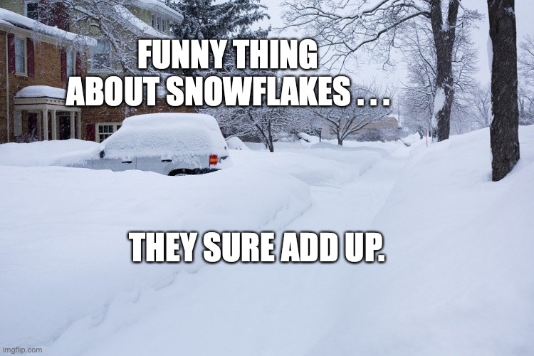 Snowflakes |  FUNNY THING ABOUT SNOWFLAKES . . . THEY SURE ADD UP. | image tagged in snowflakes,blizzard,bobcrespodotcom | made w/ Imgflip meme maker