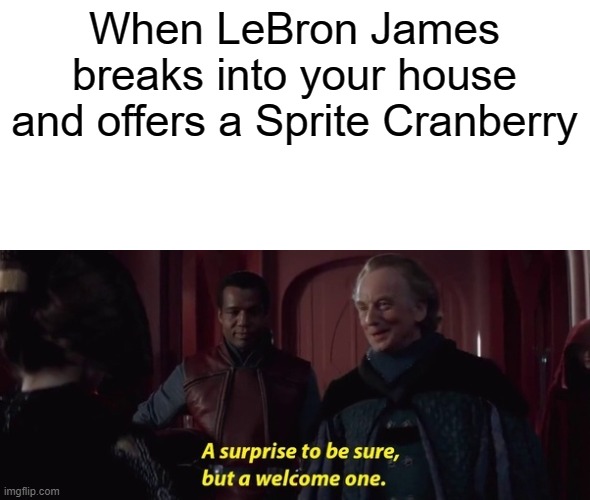 A Surprise to be sure | When LeBron James breaks into your house and offers a Sprite Cranberry | image tagged in a surprise to be sure | made w/ Imgflip meme maker