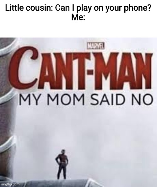 Can't man My mom said no | Little cousin: Can I play on your phone?
Me: | image tagged in can't man my mom said no | made w/ Imgflip meme maker