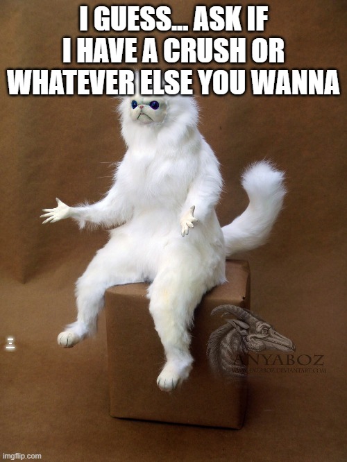 yes imma do this (eheheheh) | I GUESS... ASK IF I HAVE A CRUSH OR WHATEVER ELSE YOU WANNA; SPOILER THE ANSWER IS NO | image tagged in memes,persian cat room guardian single | made w/ Imgflip meme maker