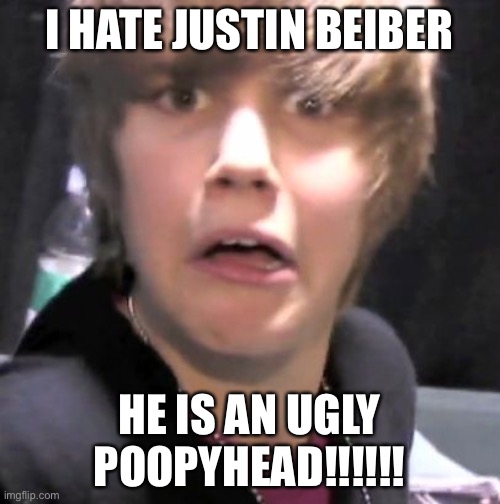 meanwhile in 2010 | I HATE JUSTIN BEIBER; HE IS AN UGLY POOPYHEAD!!!!!! | image tagged in justin bieber | made w/ Imgflip meme maker