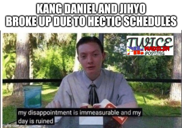 My dissapointment is immeasurable and my day is ruined | KANG DANIEL AND JIHYO BROKE UP DUE TO HECTIC SCHEDULES | image tagged in my dissapointment is immeasurable and my day is ruined | made w/ Imgflip meme maker