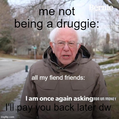 Drugies | me not being a druggie:; all my fiend friends:; FOR UR MONEY; I'll pay you back later dw | image tagged in memes,bernie i am once again asking for your support | made w/ Imgflip meme maker