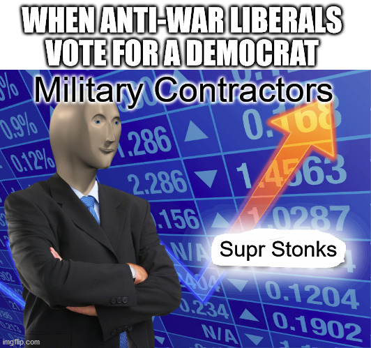 Liberalism always generates the exact opposite of it's stated intent. | WHEN ANTI-WAR LIBERALS VOTE FOR A DEMOCRAT; Military Contractors; Supr Stonks | image tagged in empty stonks,liberal hypocrisy,military industrial complex,war,joe biden | made w/ Imgflip meme maker