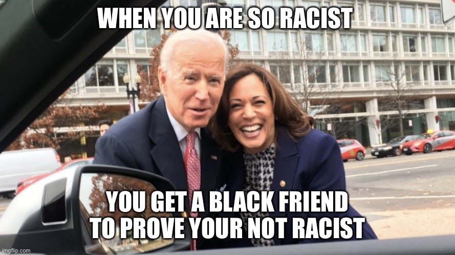 Biden Harris | WHEN YOU ARE SO RACIST; YOU GET A BLACK FRIEND TO PROVE YOUR NOT RACIST | image tagged in racism,joe biden | made w/ Imgflip meme maker