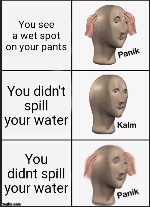 Panik Kalm Panik | You see a wet spot on your pants; You didn't spill your water; You didnt spill your water | image tagged in memes,panik kalm panik | made w/ Imgflip meme maker