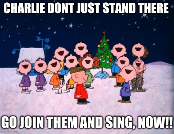 Charlie Brown Christmas  | CHARLIE DONT JUST STAND THERE; GO JOIN THEM AND SING, NOW!! | image tagged in charlie brown christmas | made w/ Imgflip meme maker