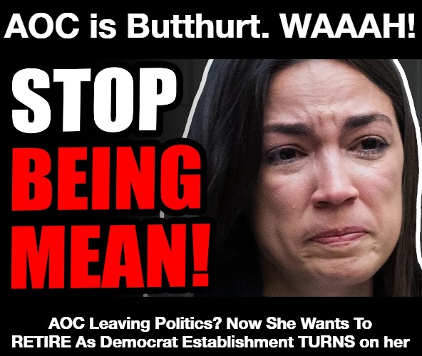 AOC is butthurt now! Make Alexandria a bartender again! | AOC is Butthurt. WAAAH! AOC Leaving Politics? Now She Wants To RETIRE As Democrat Establishment TURNS on her | image tagged in aoc,bigmouth,pussy,wussy,make alexandria a bartender again | made w/ Imgflip meme maker