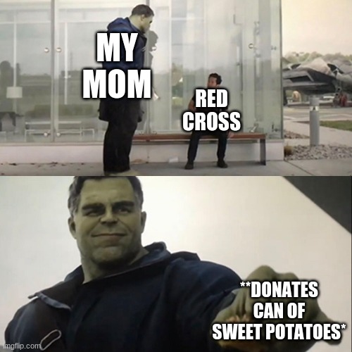 Hulk Taco | MY MOM; RED CROSS; **DONATES CAN OF SWEET POTATOES* | image tagged in hulk taco | made w/ Imgflip meme maker