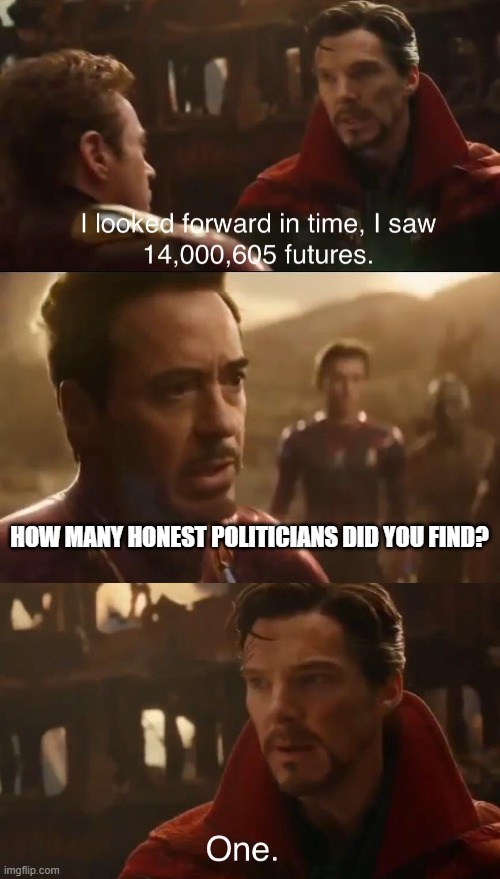 Just maybe one. | HOW MANY HONEST POLITICIANS DID YOU FIND? | image tagged in dr strange s futures | made w/ Imgflip meme maker