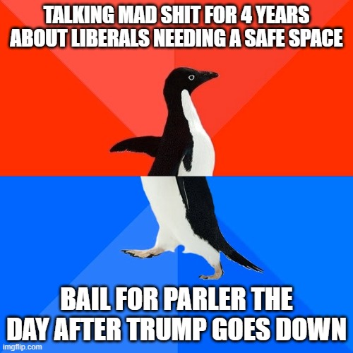 The Safest Space move YOU'VE EVER SEEN | TALKING MAD SHIT FOR 4 YEARS ABOUT LIBERALS NEEDING A SAFE SPACE; BAIL FOR PARLER THE DAY AFTER TRUMP GOES DOWN | image tagged in memes,socially awesome awkward penguin | made w/ Imgflip meme maker