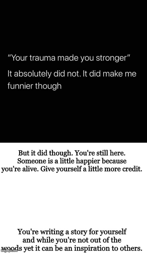 Mental Health | But it did though. You're still here. Someone is a little happier because you're alive. Give yourself a little more credit. You're writing a story for yourself and while you're not out of the woods yet it can be an inspiration to others. | image tagged in blank white template | made w/ Imgflip meme maker