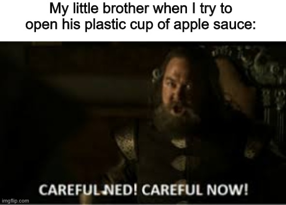 If you can open a plastic cup of apple sauce without it spilling out.. you're amzing. |  My little brother when I try to open his plastic cup of apple sauce: | image tagged in tag | made w/ Imgflip meme maker