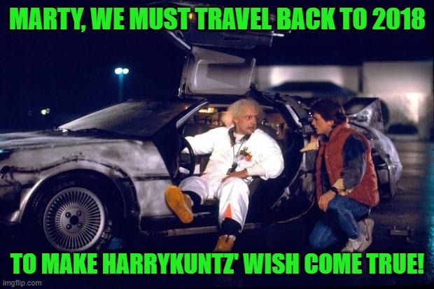 Back to the future | MARTY, WE MUST TRAVEL BACK TO 2018 TO MAKE HARRYKUNTZ' WISH COME TRUE! | image tagged in back to the future | made w/ Imgflip meme maker