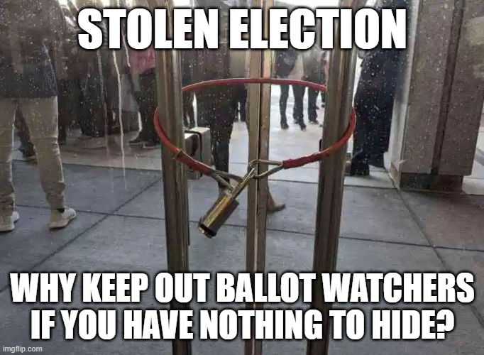 Locked Out | STOLEN ELECTION; WHY KEEP OUT BALLOT WATCHERS IF YOU HAVE NOTHING TO HIDE? | image tagged in locked out,election fraud,evil,communist,stolen election,trump2020 | made w/ Imgflip meme maker