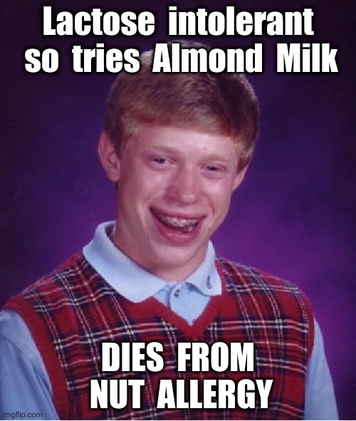 Just Milking It -- that's Nuts! | Lactose  intolerant  so  tries  Almond  Milk; DIES  FROM  NUT  ALLERGY | image tagged in bad luck brian,rick75230 | made w/ Imgflip meme maker