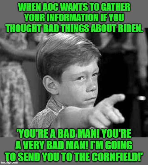 She'll do it, too. | WHEN AOC WANTS TO GATHER YOUR INFORMATION IF YOU THOUGHT BAD THINGS ABOUT BIDEN. 'YOU'RE A BAD MAN! YOU'RE A VERY BAD MAN! I'M GOING TO SEND YOU TO THE CORNFIELD!' | image tagged in sending you to the cornfield,aoc,biden | made w/ Imgflip meme maker