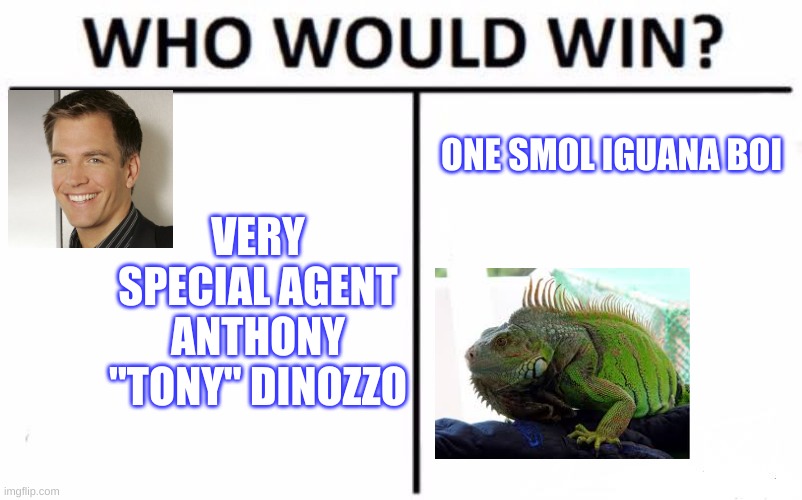 Who Would Win? Meme |  ONE SMOL IGUANA BOI; VERY SPECIAL AGENT ANTHONY "TONY" DINOZZO | image tagged in memes,who would win | made w/ Imgflip meme maker