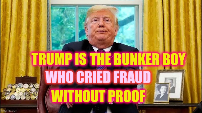 Cry Wolf Bunker Boy | TRUMP IS; THE BUNKER BOY; WHO CRIED FRAUD; WITHOUT PROOF | image tagged in memes,trump unfit unqualified dangerous,liar in chief,lock him up,trump lies,trump is a moron | made w/ Imgflip meme maker