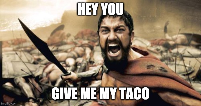 I WANT MY TACO | HEY YOU; GIVE ME MY TACO | image tagged in memes,sparta leonidas | made w/ Imgflip meme maker