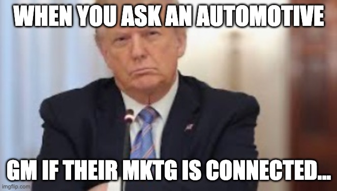 AUTOMOTIVE INDUSTRY  MEME #1 | WHEN YOU ASK AN AUTOMOTIVE; GM IF THEIR MKTG IS CONNECTED... | image tagged in automotive gms be like | made w/ Imgflip meme maker