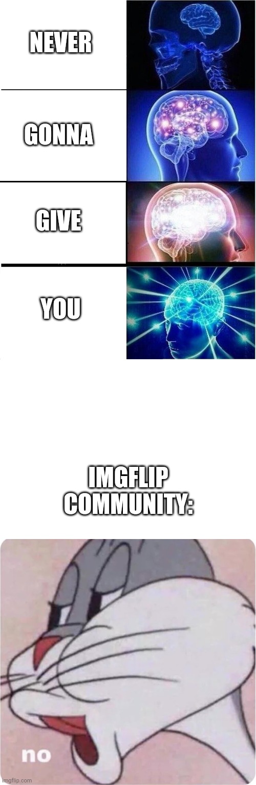 If you get what i mean | NEVER; GONNA; GIVE; YOU; IMGFLIP COMMUNITY: | image tagged in memes,expanding brain,bugs bunny no | made w/ Imgflip meme maker
