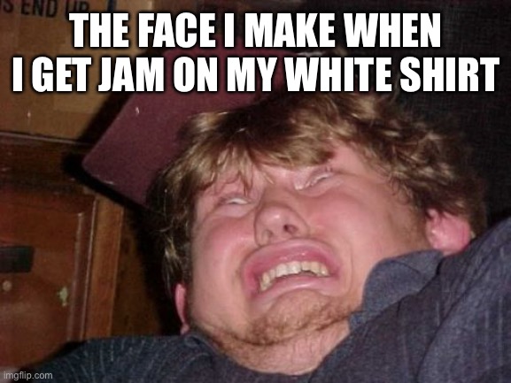 WTF Meme | THE FACE I MAKE WHEN I GET JAM ON MY WHITE SHIRT | image tagged in memes,wtf | made w/ Imgflip meme maker