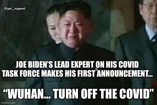 Kim Jong Un Sad | @get_rogered; JOE BIDEN’S LEAD EXPERT ON HIS COVID TASK FORCE MAKES HIS FIRST ANNOUNCEMENT... “WUHAN... TURN OFF THE COVID” | image tagged in memes,kim jong un sad | made w/ Imgflip meme maker