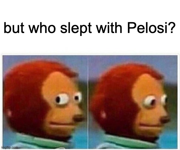 Monkey Puppet Meme | but who slept with Pelosi? | image tagged in memes,monkey puppet | made w/ Imgflip meme maker