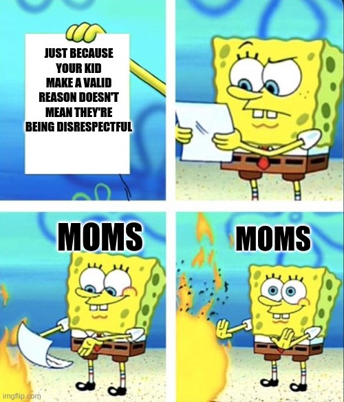 Valid Points with Mom | JUST BECAUSE YOUR KID MAKE A VALID REASON DOESN'T MEAN THEY'RE BEING DISRESPECTFUL; MOMS; MOMS | image tagged in spongebob yeet | made w/ Imgflip meme maker