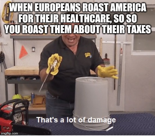 thats a lot of damage | WHEN EUROPEANS ROAST AMERICA FOR THEJR HEALTHCARE, SO SO YOU ROAST THEM ABOUT THEIR TAXES | image tagged in thats a lot of damage | made w/ Imgflip meme maker